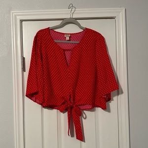 Mossimo Red Cropped Bow Polka Dot Top Bell Sleeve Short Sleeve